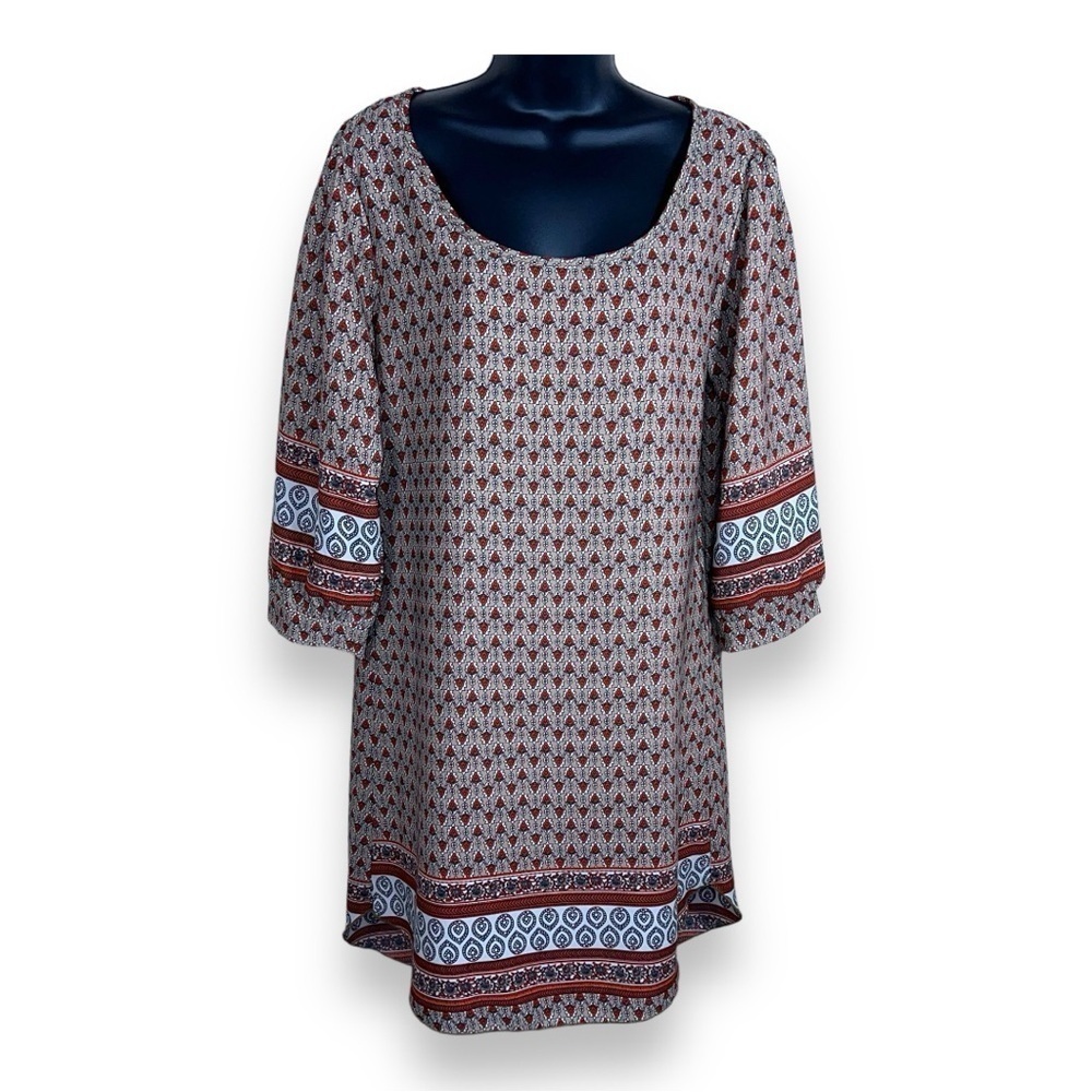 MEDIUM BOHO DRESS BEIGE GEOMETRIC PRINT SCOOP NECKLINE BOHEMIAN